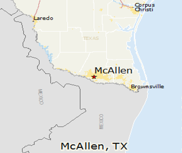 Map showing McAllen, Texas, highlighting its location near the Mexico border, along with surrounding cities like Laredo and Brownsville.